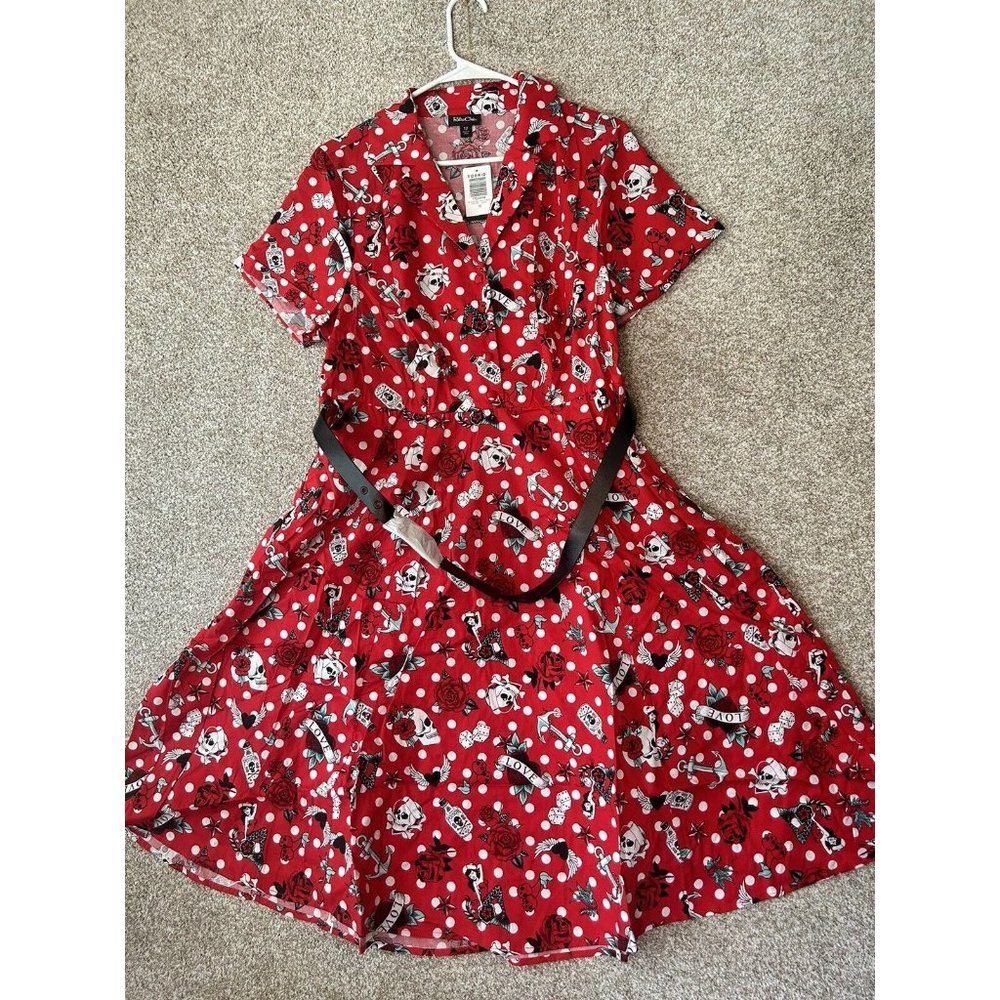 Torrid Retro Chic Red Skull Rose Love Graphic Belted Short Sleeve Midi Dress 12